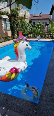 a pool with a inflatable unicorn in the water at APARTMAN MURKO P-4 in Ljubljana