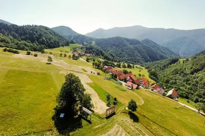 an aerial view of a village in a green field at At Peskar's a charming countryside house in Podbrdo
