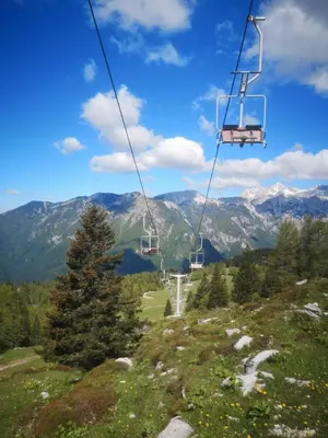 a gondola lift on a mountain with a tree at Chalet Zlatica Velika Planina in Stahovica