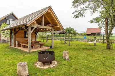 a log cabin with a hammock and a playground at House Mimi in Metlika
