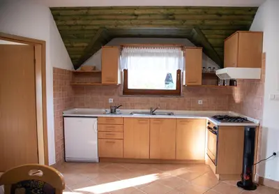 a kitchen with a sink and a stove at Vineyard Cottage Brodaric in Metlika