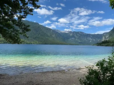 a view of a lake with mountains in the background at Sunrise Bohinj Apartment in Bohinj