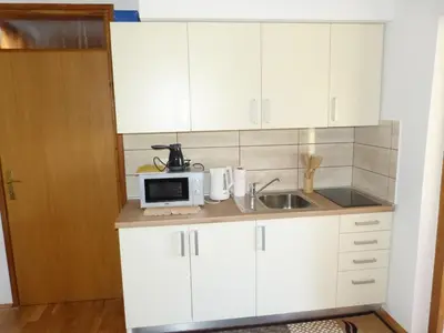 a small kitchen with a sink and a microwave at Vineyard cottage Mavrica in Dragatuš