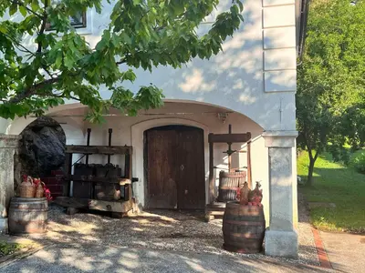 a building with a door with barrels in front of it at Vineyard cottage Kovačnica in Semič