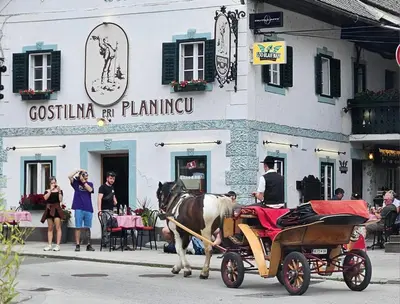 a man in a horse drawn carriage on a street at Riverdance with mountain view, garden and private parking in Bled
