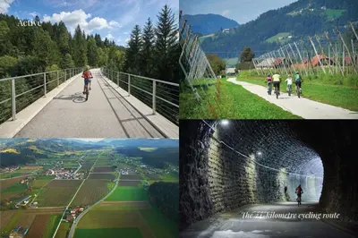 a collage of photos of people riding bikes on a bridge at Villa Elizabeth - Apartment with Garden in Slovenj Gradec