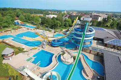 an aerial view of a water park with a roller coaster at Pavel Cottage with 2 Thermal Riviera Tickets in Moravske Toplice