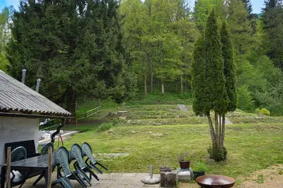 a group of chairs and a table in a garden at Grajski kamp - pitch your own tent in Kočevje