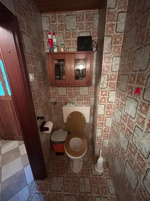 a small bathroom with a toilet in a room at Hiša p'r Kobalu in Idrija
