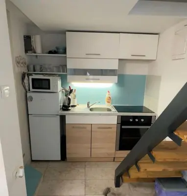 a kitchen with a sink and a white refrigerator at CC Vič in Ljubljana
