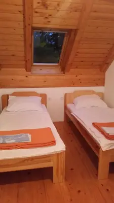 two beds in a room with wooden ceilings at Turizem Pavlin Apartments in Šenturska Gora