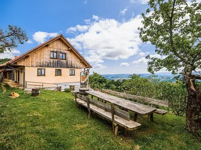 a wooden bench sitting in the grass in front of a house at Hidden Authentic Haven Apartments - One Bedroom Apartment with Terrace in Sevnica