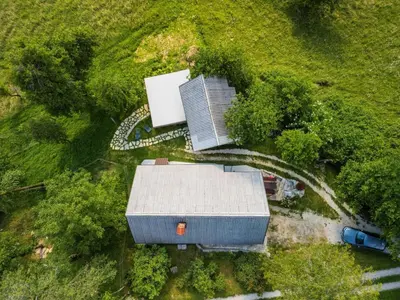 an overhead view of a building in a field at Nature Hideaway Holiday Homes with Sauna - Two Bedroom Holiday Home in Slappe dʼIdria