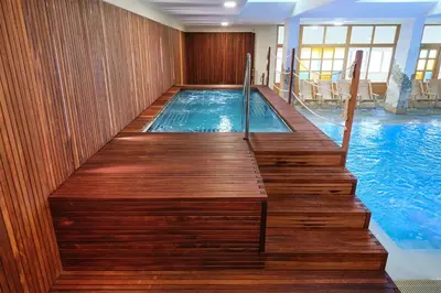 a swimming pool with a wooden stairway leading to a swimming pool at Depandansa Brinje in Zreče