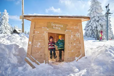 two children are sitting in a wooden dog house in the snow at Depandansa Brinje in Zreče