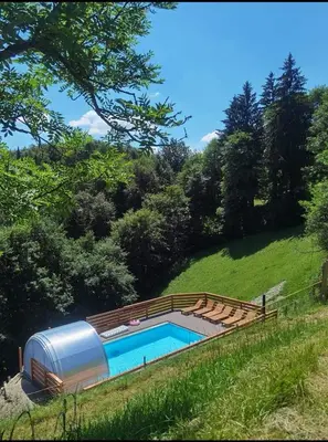 a swimming pool next to a metal trailer at Hiška sprostitve in Vransko