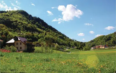 a house in a field with a mountain at Stunning Apartment In Lasko With Wifi in Laško