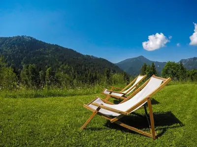 two lounge chairs sitting in a field of grass at Karami Mountainhouse in Tržič