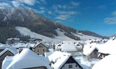 a town covered in snow with a mountain in the background at Apartments Pod Bregom in Kranjska Gora