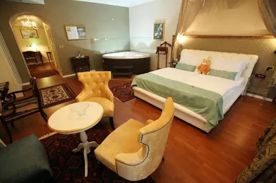 a bedroom with a bed and a tub in a room at Hotel Actum in Kranj