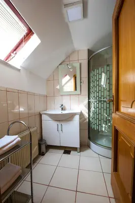 a bathroom with a sink and a shower at Guesthouse Veranda in Mojstrana