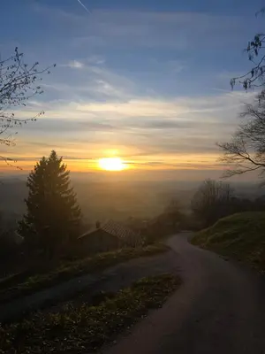 a dirt road with the sunset in the background at Relaxing Cottage Donacka Gora in Rogatec