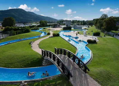a group of water slides in a park at Pirate Bay - Terme Čatež in Čatež ob Savi