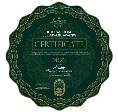a label for a bottle ofireland international sustainable awards certificate at Vineyard cottage Škatlar 3 in Otočec