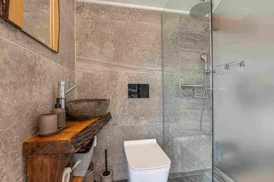 a bathroom with a toilet and a glass shower at Vineyard Cottage Sončni grič in Trebnje