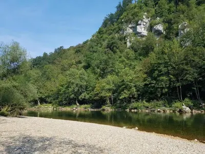 a river with a rocky shore and a mountain at Apartma Krupa in Gradac