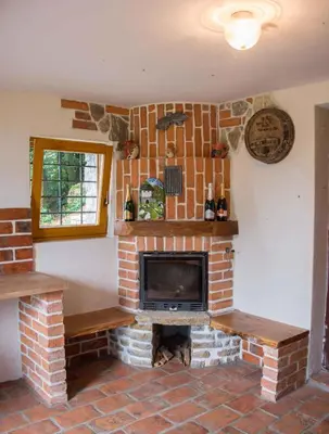 a living room with a fireplace and a tv at Holiday home in Novo Mesto - Dolenjska Bela krajina Unter- Weißkrain 35158 in Novo Mesto