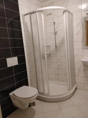 a bathroom with a shower and a toilet at Apartma svizec in Bled