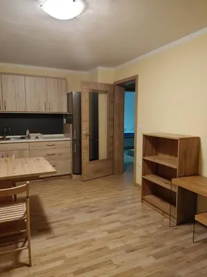 a large kitchen with a table and a refrigerator at Apartma svizec in Bled