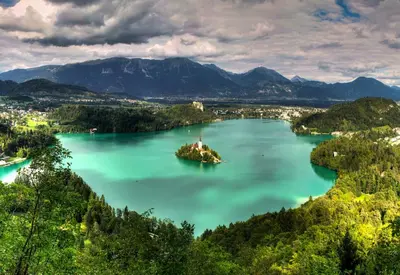 an island in the middle of a large lake at Apartma-studio Ajdna in Žirovnica